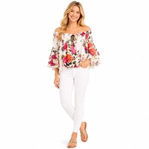 Hale Bob Women's Off The Shoulder Blouse Bell Sleeve White Pink Floral Tassels S